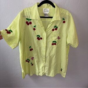 Vintage Cherry Baby Embroidered and green gingham Quacker Factory collared Shirt